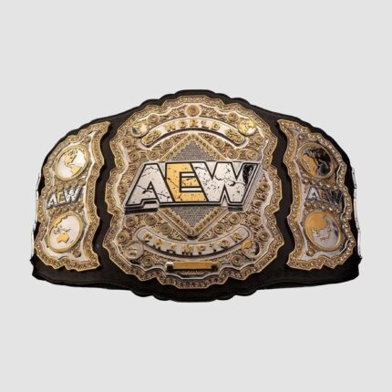 AEW World Championship Belt replica title front view with gold-plated center plate and black leather strap