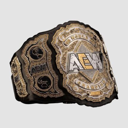AEW World Championship Belt replica title right side view showing detailed side plates and leather strap