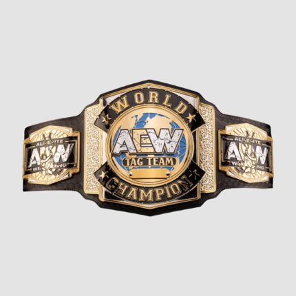 AEW World Tag Team Championship Belt replica featuring gold-plated plates and a premium black leather strap