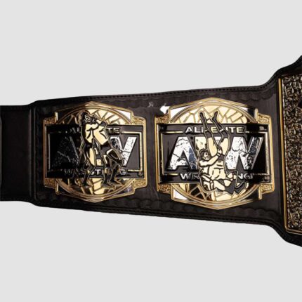 Close-up of the AEW Tag Team Belt side plates with engraved gold-plated details and polished finish